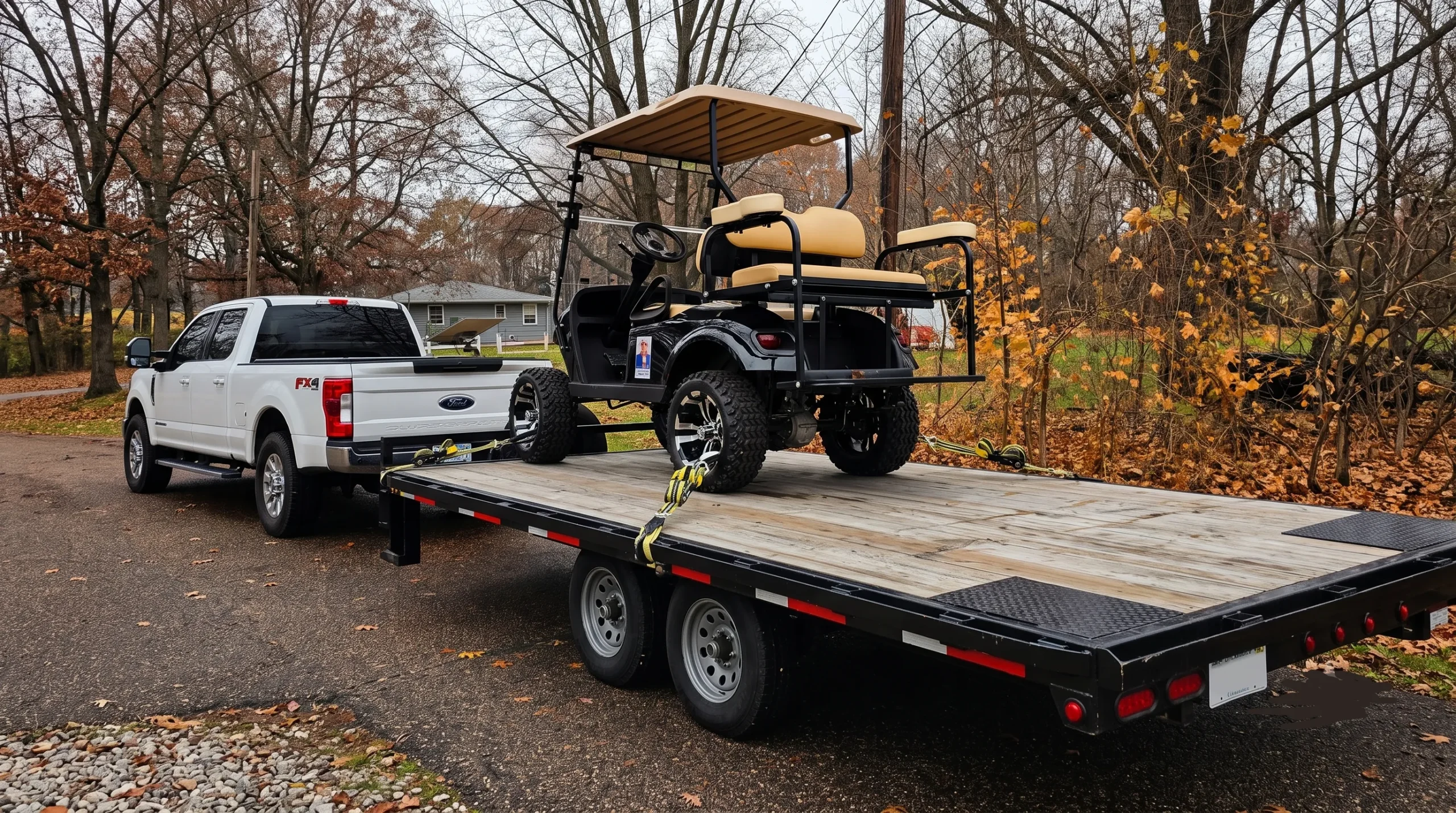 Custom golf cart loaded on a flatbed trailer