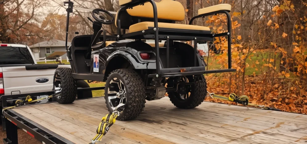 Custom golf cart loaded on a flatbed trailer being towed by a white Ford pickup truck by Your Xpert Trans