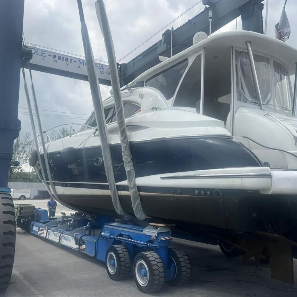 60-foot yacht loaded on heavy-haul trailer